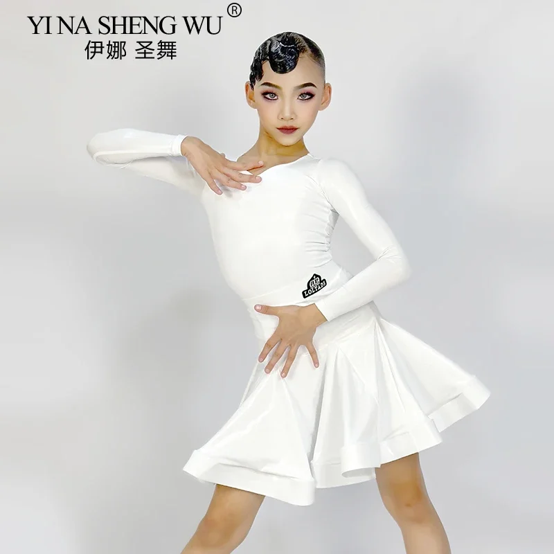 Nuovo vestito da ballo latino per ragazze Costume da spettacolo diviso a maniche lunghe in pelle brillante per bambini Cha-cha Samba Abbigliamento da palcoscenico professionale