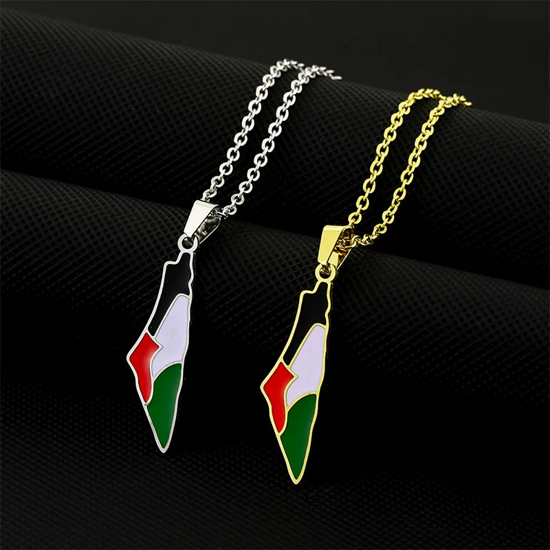 Europe and America Israel and Palestine Stainless Steel Dripping Oil Map Pendant Necklace