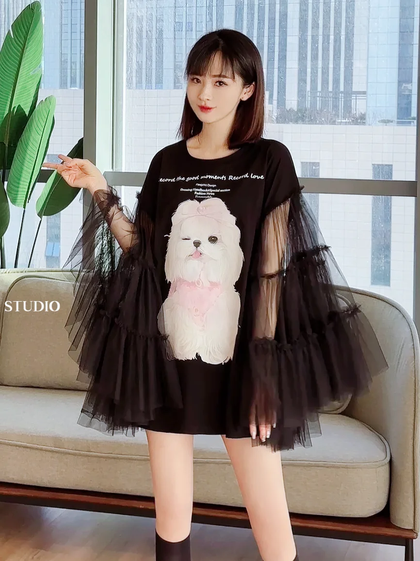 Mini vestido feminino com gola redonda, costura pesada, malha de várias camadas, fofo estampado para filhotes dos desenhos animados, solto, moda verão