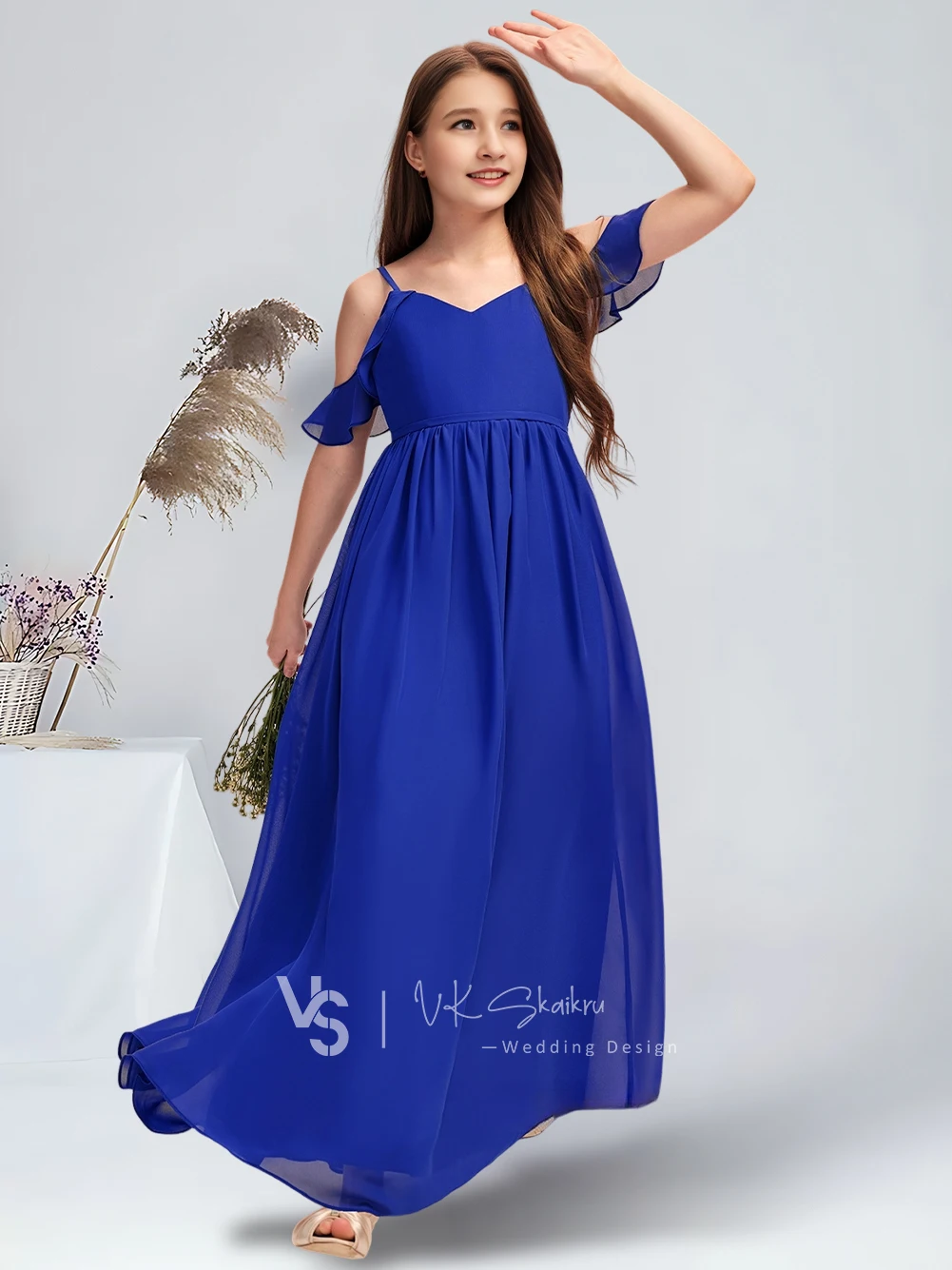 Vestido de dama de honor junior de gasa hasta el suelo con hombros descubiertos y corte en A, vestido de niña de flores azul real, vestido para adolescentes para ocasiones especiales