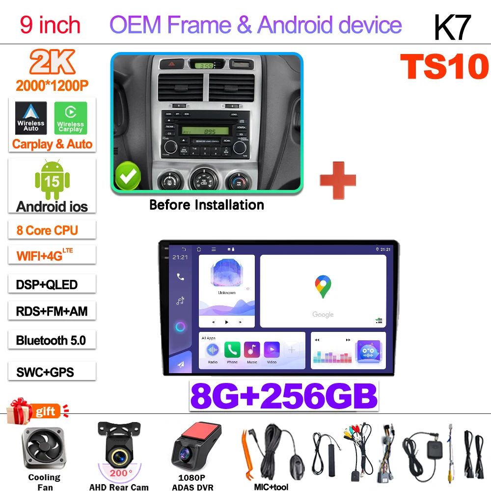 2Din Android 15 Voor Kia Sportage 2 2004-2010 Multimedia Speler Navigatie Carplay Stereo DVD Spiegel Link Stereo Head unit WIFI