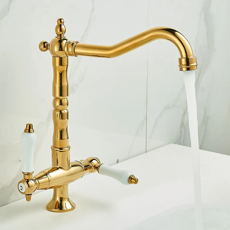 

Luxury Gold Kitchen Faucet Dual Handle 360° Swivel Deck Mounted Sink Mixer Tap for Bathroom & Kitchen