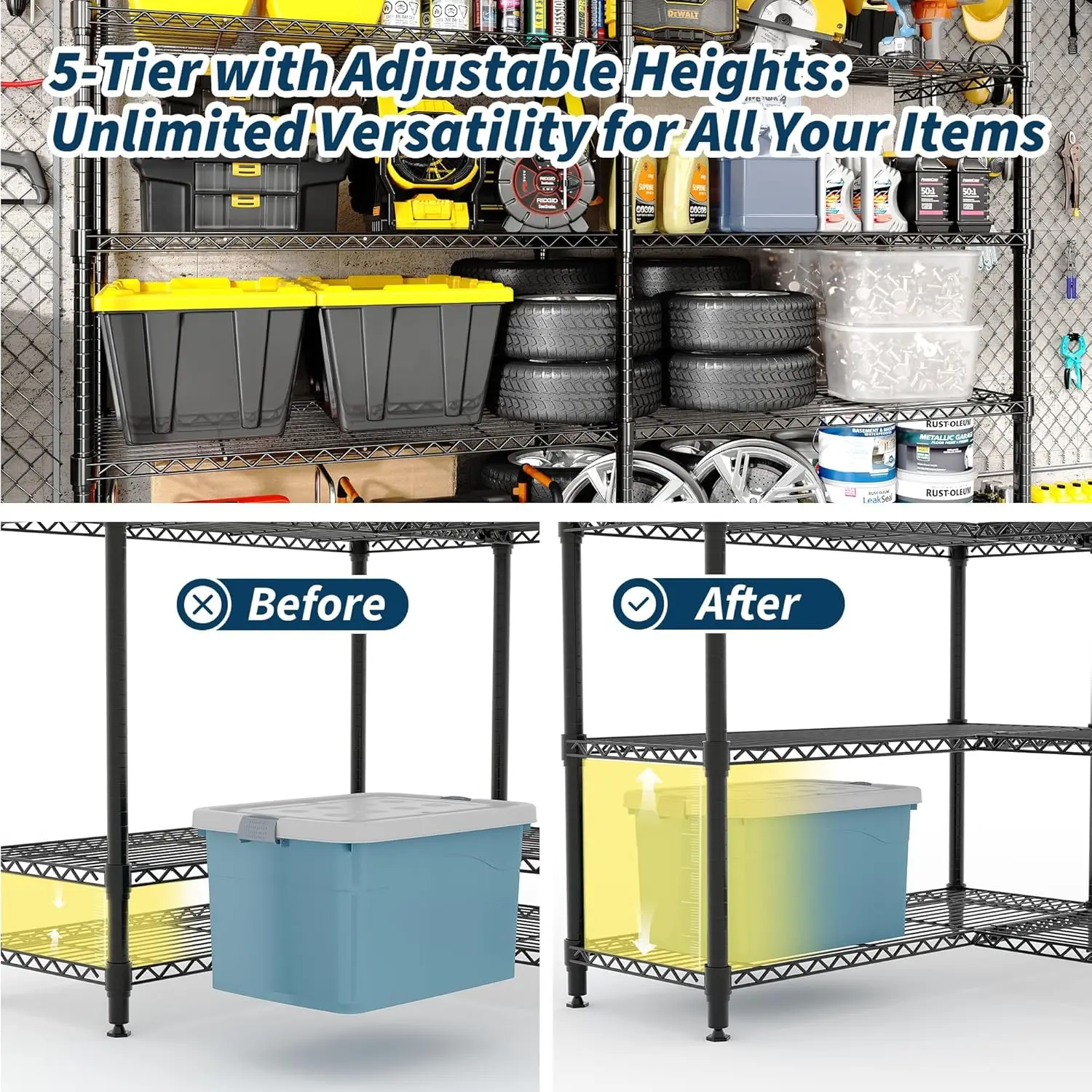 59" W Wire Shelving Unit, 1060LBS 5-Tier Metal Storage Shelves with 4 Locking Casters, Adjustable Heavy Duty Carbon Steel Rack for Garage Pantry, 70.5"H x 13.8"D