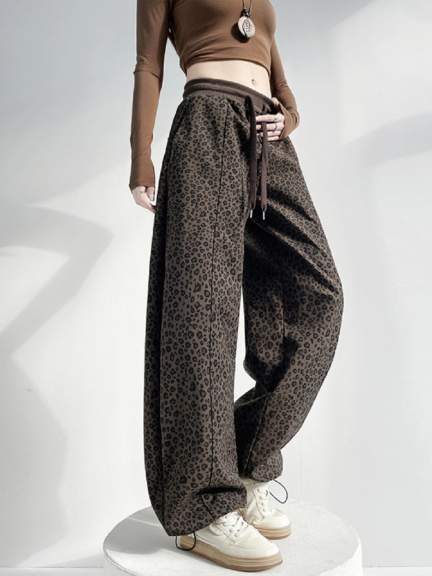 

American Sle High Waist Wide Leg Pants Women's Casual Sports Trousers Spring Autumn Faionable Leopard Print Elastic Waist