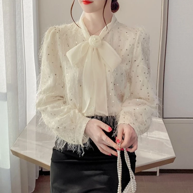 

Chiffon Blouse 2026 Sequin Lace Fringe Long Sleeve Top for Women Korean Style Versatile Bow Design Top