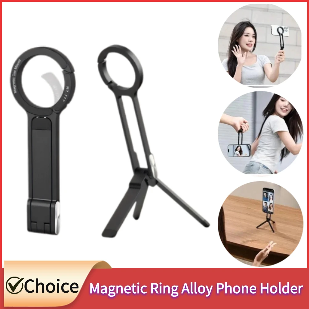

Magnetic Ring Alloy Phone Holder Tripod Carabiner-Mounted For iPhone Tripod Desk Mount Phone Handle Holder With Adjustable Ring