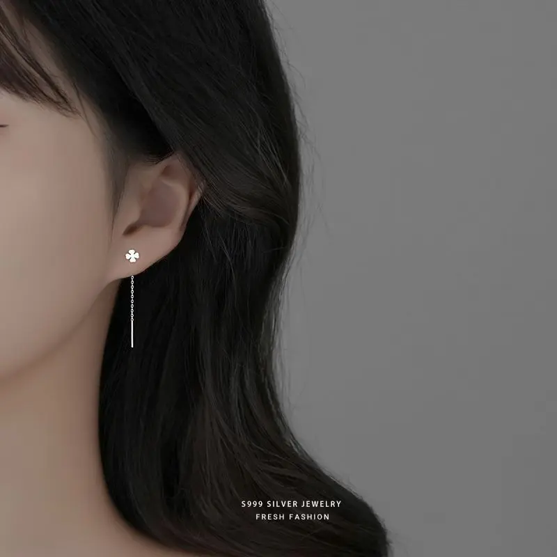 F.I.N.S S999 Sterling Silver Women Earrings Minimalist Heart Butterfly Moon Clover Snowflake Korean-Style Long Fringe Ear Jewels