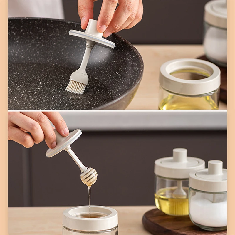 

Kitchen Seasoning Organizer Bottle Glass Spice Jars With Spoon Lid Oil Brush Honey Soy Sauce Canister Salt Pepper Shakers