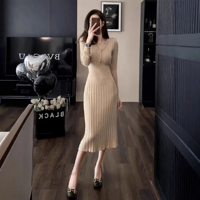 Womens V Neck Drawstring Ribbed Knit Long Sleeve Bodycon Midi Dress