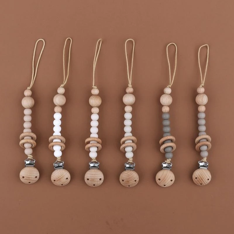 M76C Klip Dot dengan Manik Tumbuh Gigi Silikon Cincin Kayu Klip Teether Rantai Dot Keselamatan Bayi Penenang Rantai Mainan