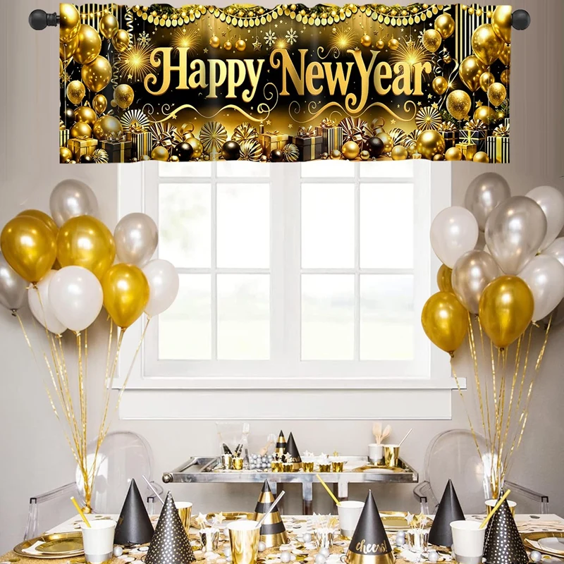 2026 سنة جديدة سعيدة ستائر قصيرة الستائر الألعاب النارية والبالونات علاجات النوافذ زينة السنة الجديدة للحمام المطبخ المنزلي #4