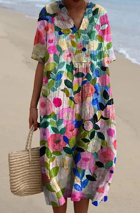 

Loose Casual Print Pullover Dress For Women Elegant V Neck Short Sleeve Midi Dresses 2024 Summer Fashion New Women Clothing