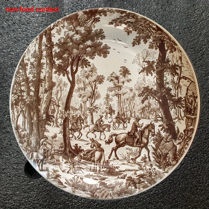 Assiette murale ronde en céramique de 8 pouces - Assiette décorative vintage sur le thème du cheval avec forêt enchantée et sentier ensoleillé