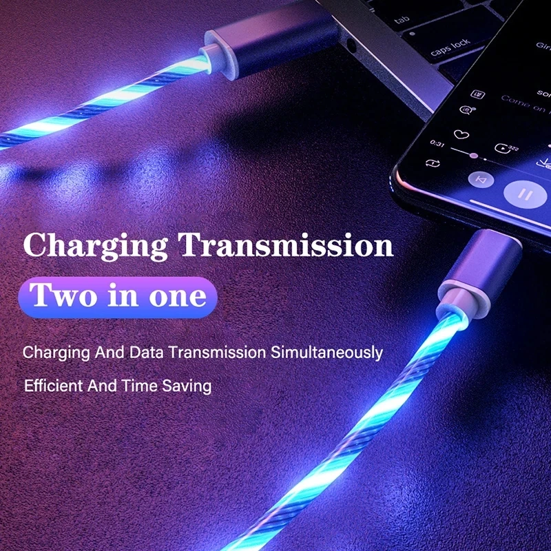 LED Glow Flowing USB Cable Type C/Micro USB/8Pin Bright Data Cable For Samsung S10 Xiaomi Smart phone Charger Charging Wire Cord