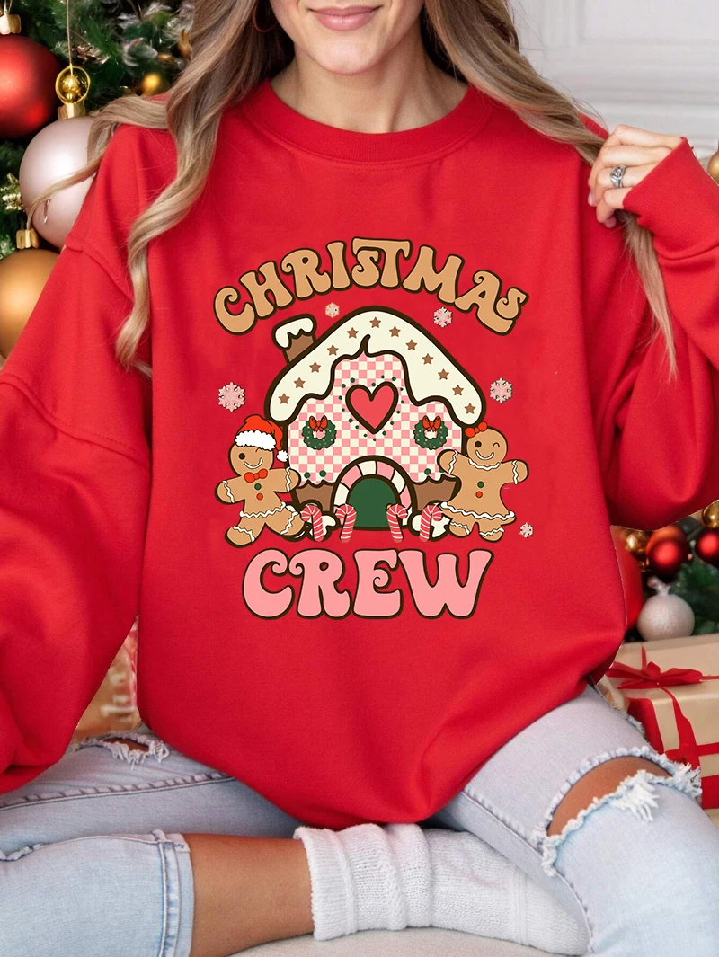 Christmas Crew Sweatshirt Women Cookie Prints Black Hoodie Loose Fleece Warm Crewneck Pullover Winter Casual Tops Woman Clothes