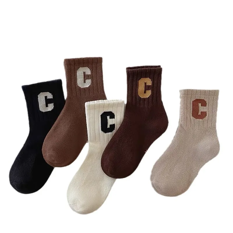 

5Pairs/Lot Autumn Winter High Elastic Simple Children Socks Korean Cotton Letter Solid Color Alphabet Boys Girls Socks 1-12 Y