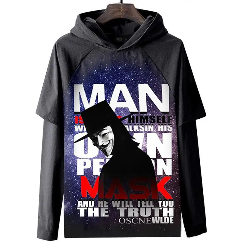 New V for Vendetta Hooded Long Sleeve T-Shirt 3D Printed Mask Design Comfortable Breathable Polyester Casual Men's T-Shirt