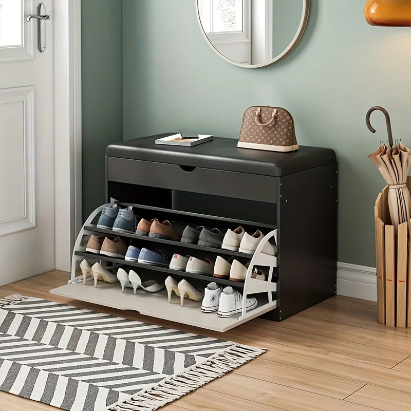 Wooden Shoe Bench with Storage | 3-Tier Shoe Rack, Cushioned Seat & Hidden Cabinet | Space-Saving Entryway Organizer for Home image 4