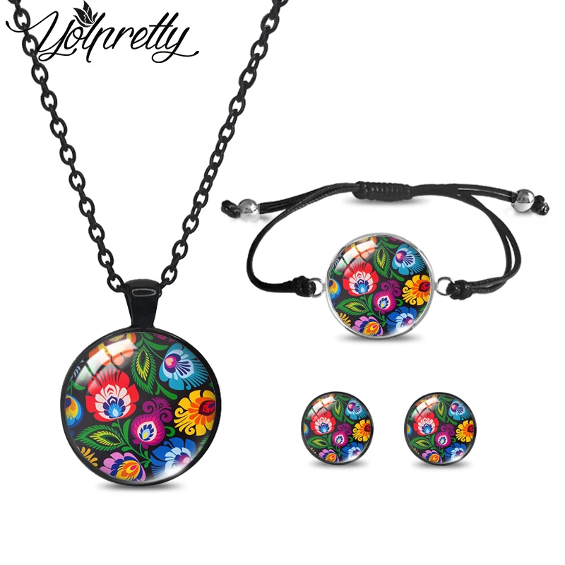 2023 New Arrival Polish Folk Flowers Art Black Necklace Rope Bracelet Stud Earrings Sets Glass Cabochon Jewelry Sets for Women