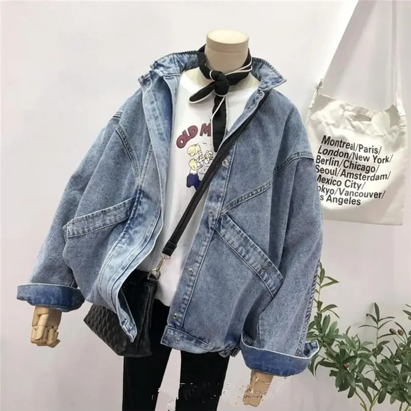 ฤดูใบไม้ผลิและฤดูใบไม้ร่วงใหม่ DENIM Coat หญิงแฟชั่นหลวมแขนค้างคาวกระเป๋าขนาดใหญ่ VINTAGE เครื่องมือกางเกงยีนส์แจ็คเก็ตผู้หญิง Outerwear T494