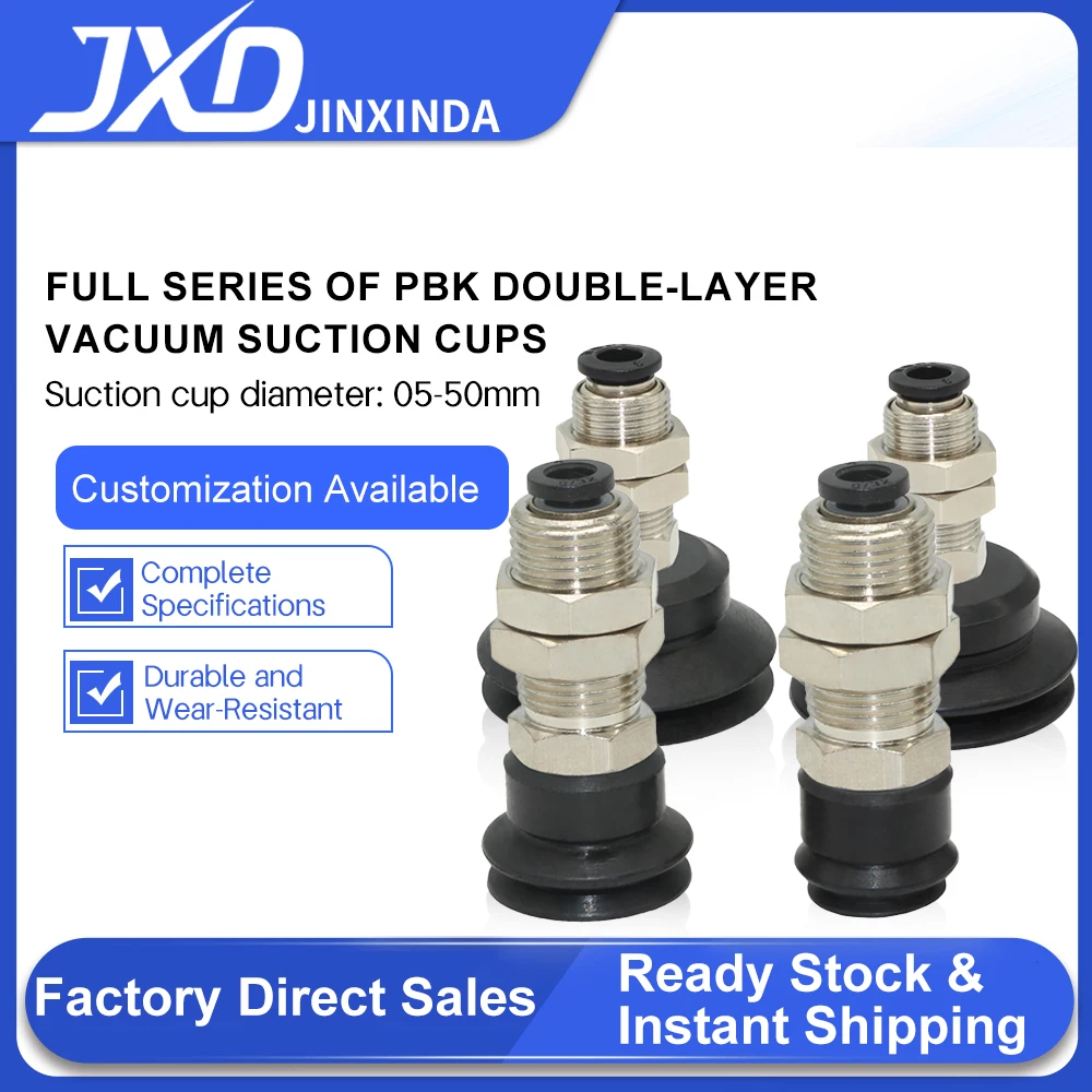 JXD PBK Series 1.5 Folds NBR Vacuum Suction Cup Vertical Fitting Connector for OD 4mm PU Tube M12 M14 Mounting Thread