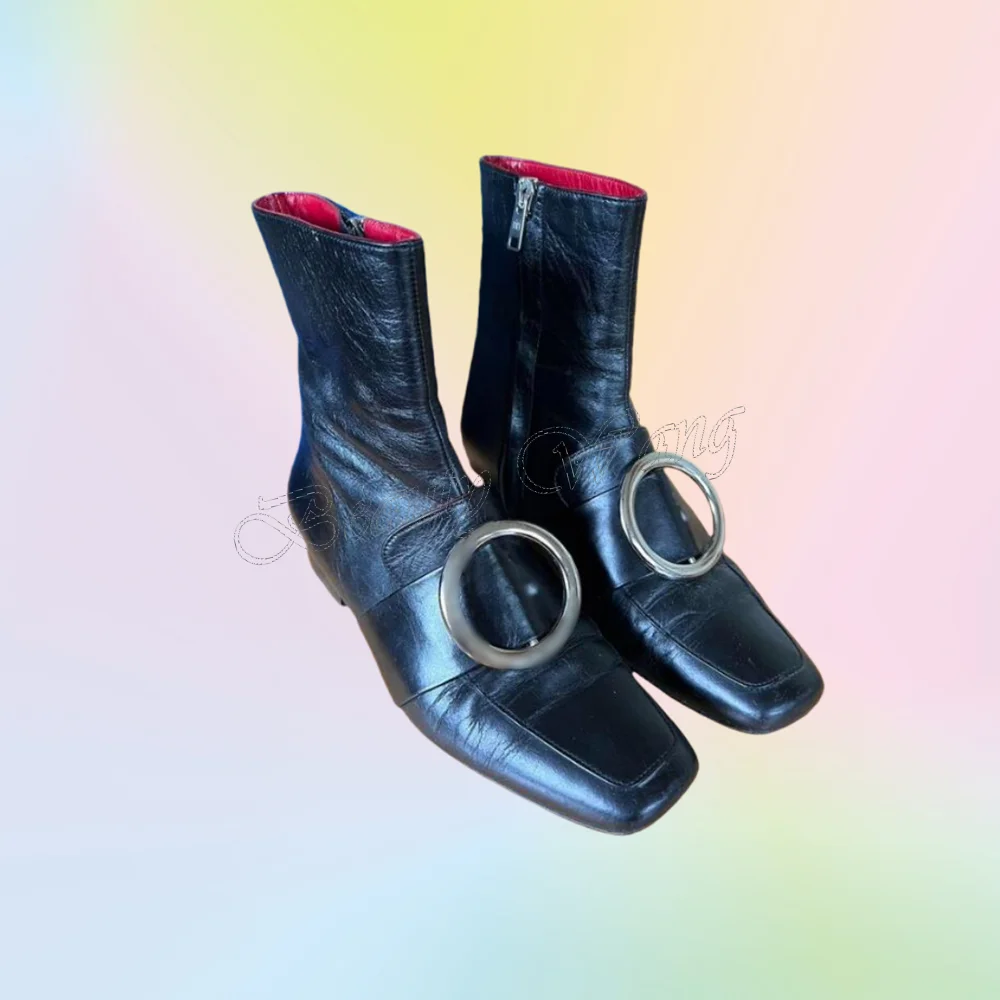 

Black Metal Ring Decor Ankle Boots Belt Decor Zipper Square Toe Shoes Square Heel Shoes for Women Shoes 2025 Zapatos Para Mujere