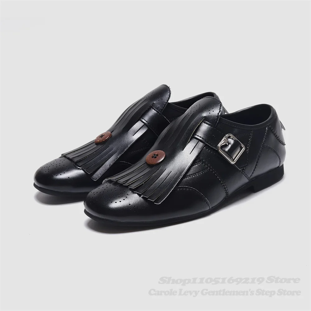 Retro Tassel Decor Men's Shoes Round Toe Thin Soled Loafers Black Buckle Strap Soft Leather Handmade Luxury New Leather Shoes