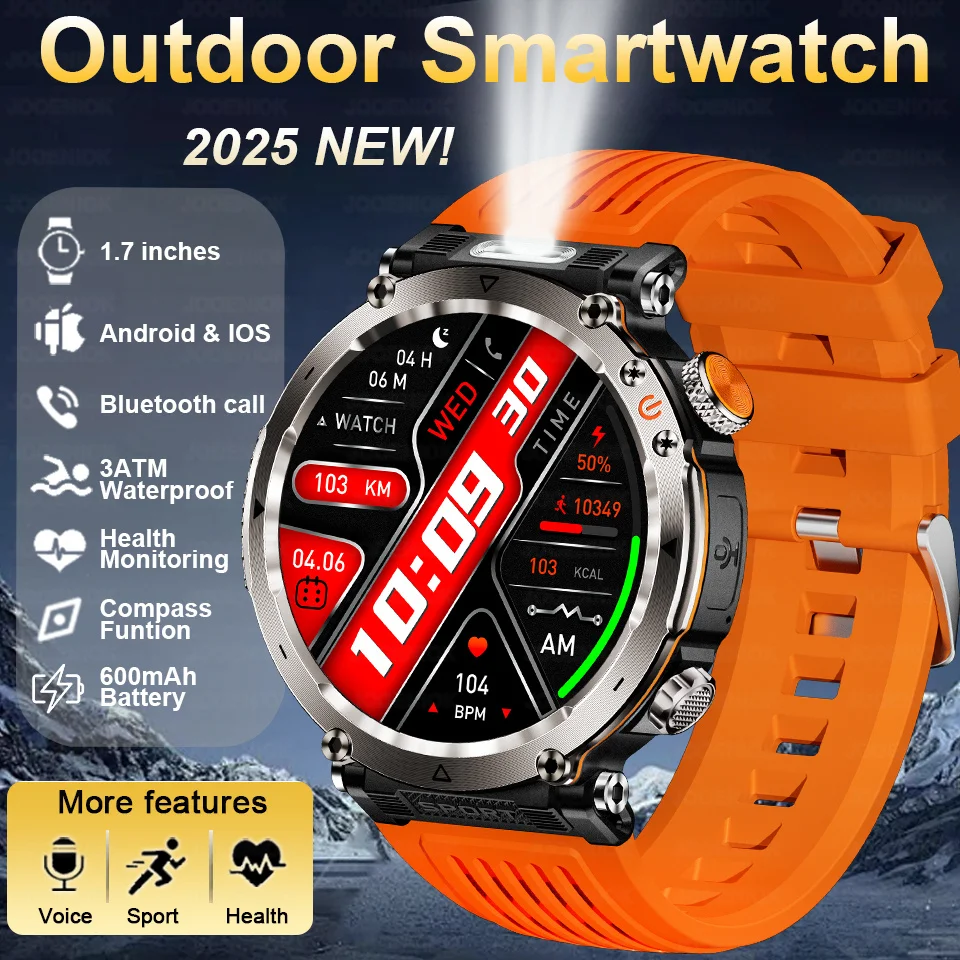 

ChiBear New Military 600mAh LED Flashlight Smart Watch Men Compass 1.7 Inch Screen Bluetooth Call Health Monitoring Smartwatch