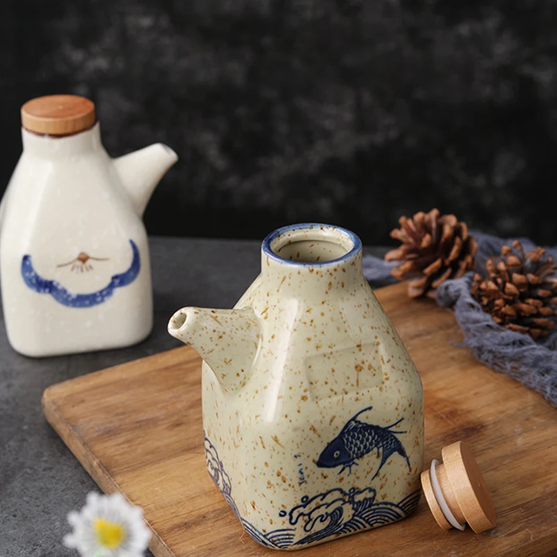 350ML Ceramic Oil Dispenser Glaze Japanese Oil Olive Dispenser Sauce Cruet Vinegar Pot Sauce Jar Oil Bottle Kitchen Accessories