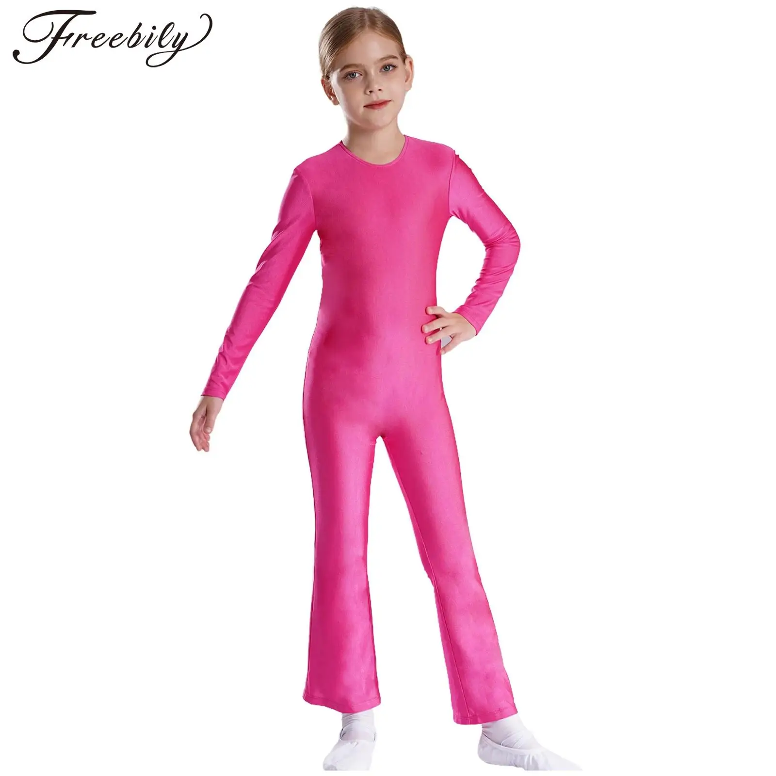 Kids Girls Long Sleeve Full Bodysuit with Bell-Bottoms Gymnastic Leotard Ballet Dance Unitard Jumpsuit Activewear