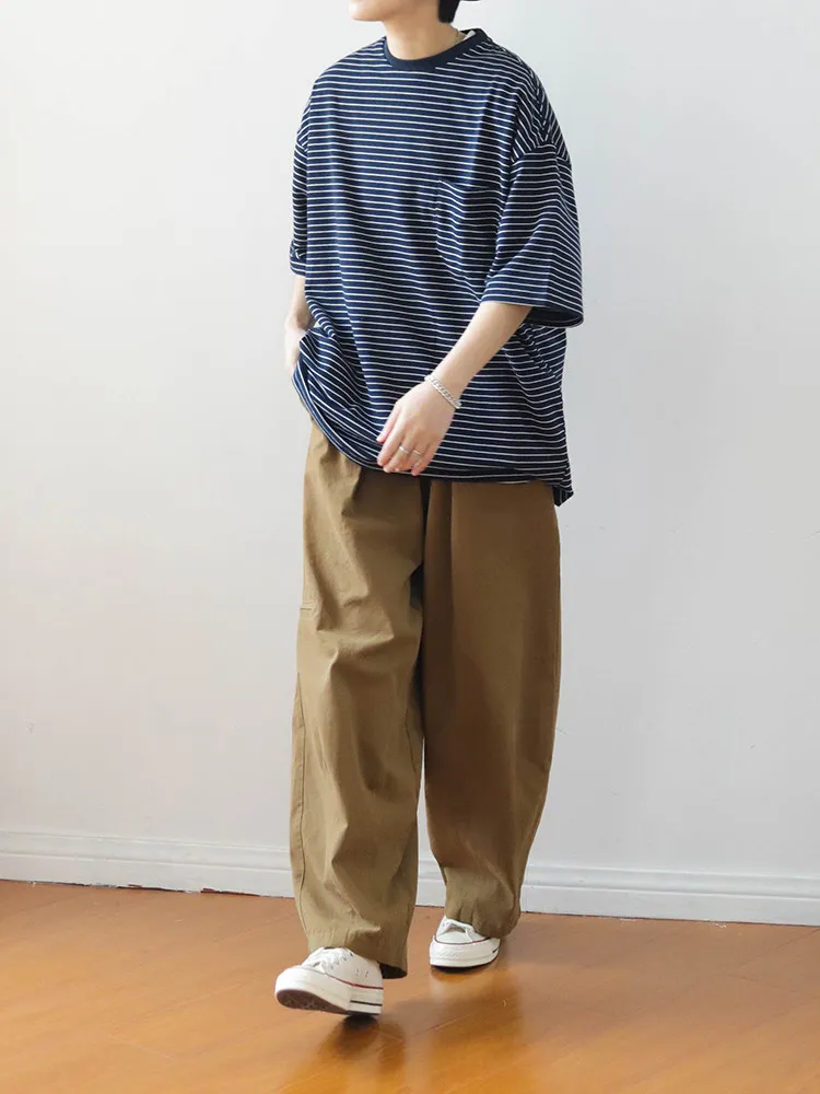 Summer Retro Japanese Style Cityboy Striped Loose Casual Dropped Shoulder Short Sleeve T-Shirt with Pocket Unisex All Match