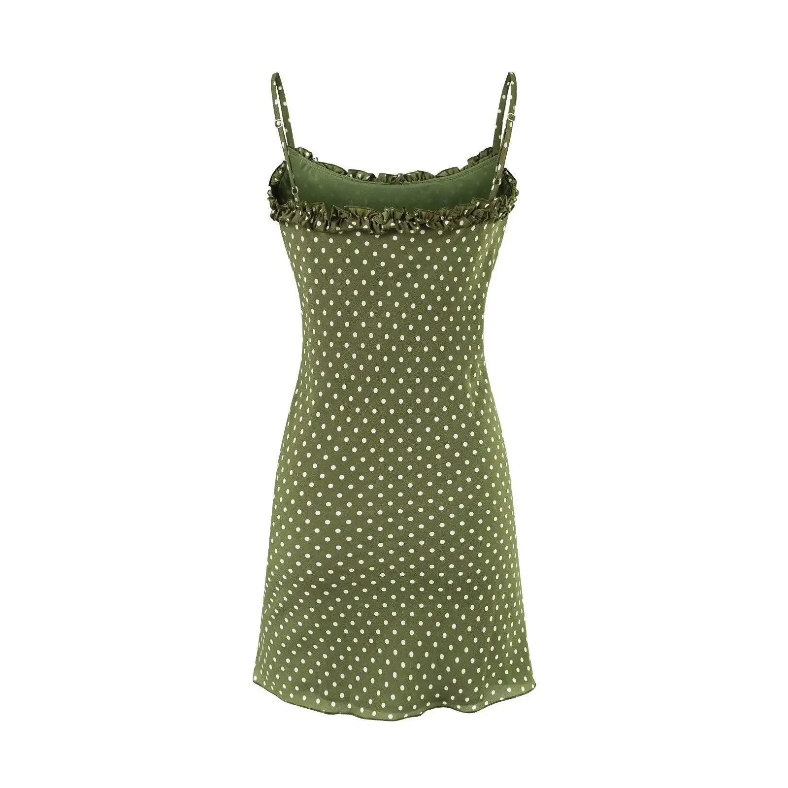 Summer Dot Print Spaghetti Strap Green Dress Women Sleeveless A-line Mini Dresses