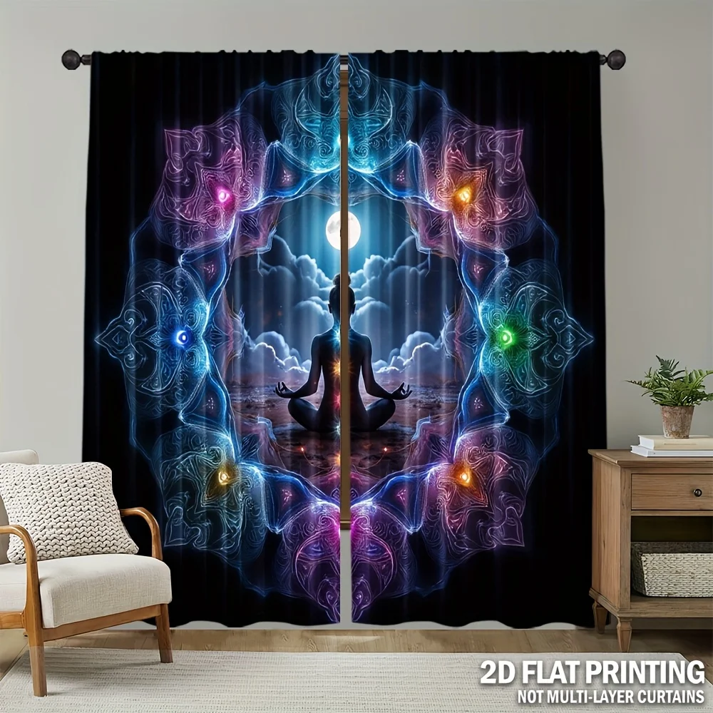Mandala Yoga Meditation Rod Pocket Window Curtains 2 Panel Light Filtering Chakra Curtains for Living Room