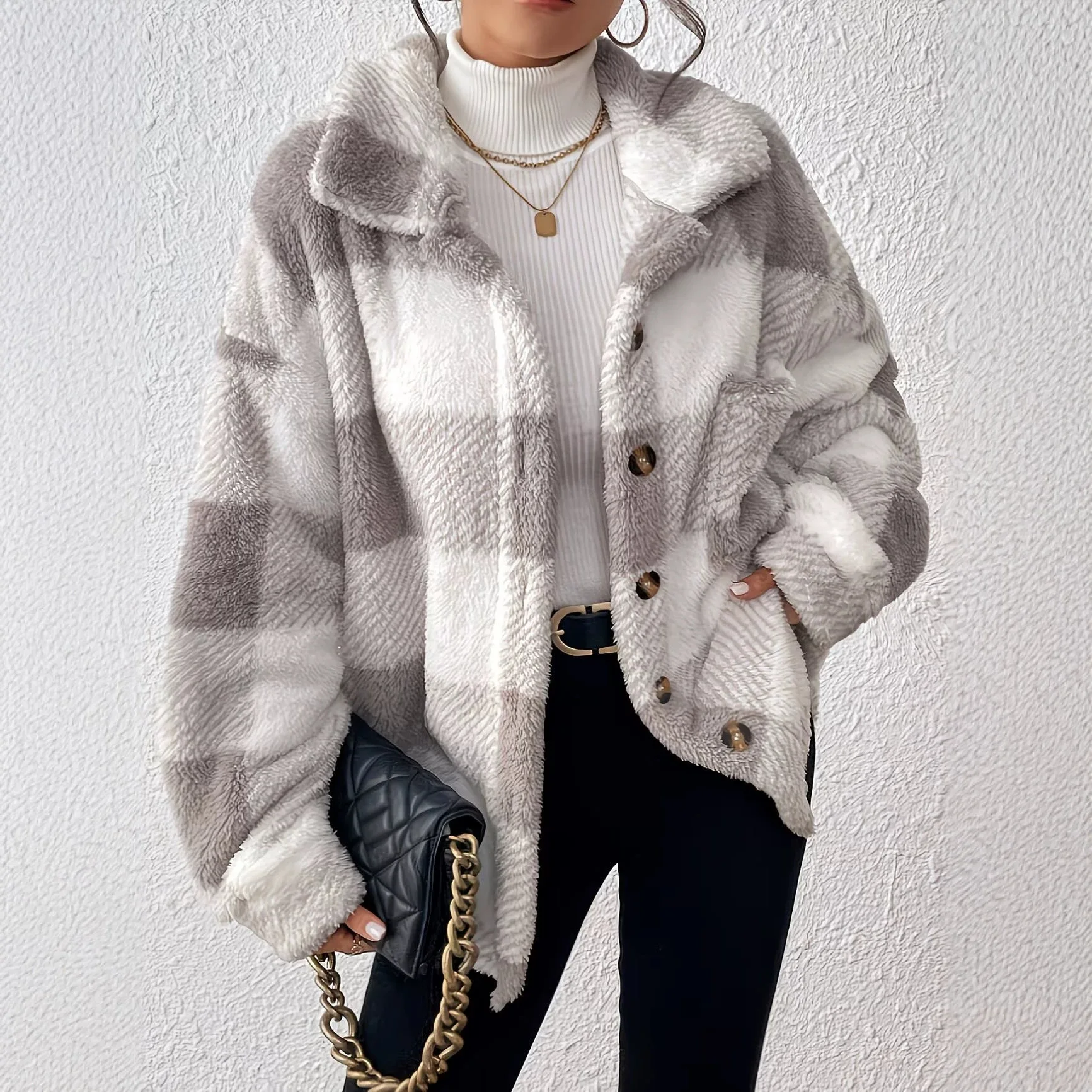 Women Checkered Pattern Sherpa Wool Jacket With A Single Breasted Collar Loose Fit Oversized Comfortable And Cold Weather Jacket