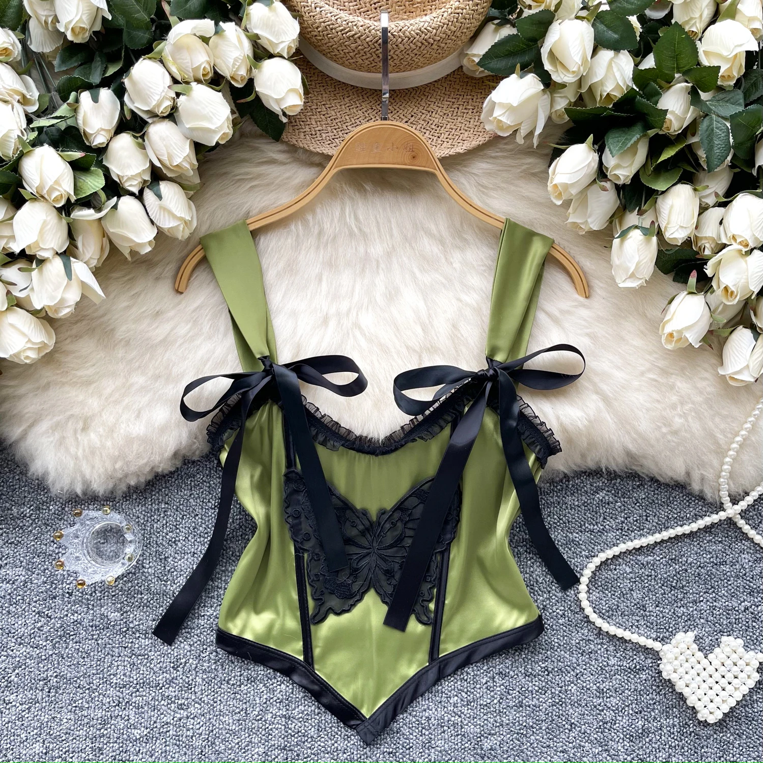 여성용 달콤한 붕대 활 자수 패치워크, 섹시한 슬립 캐미스 슬림 한국 탱크탑, 우아한 기본 크롭탑, 여름 뷔스티에 