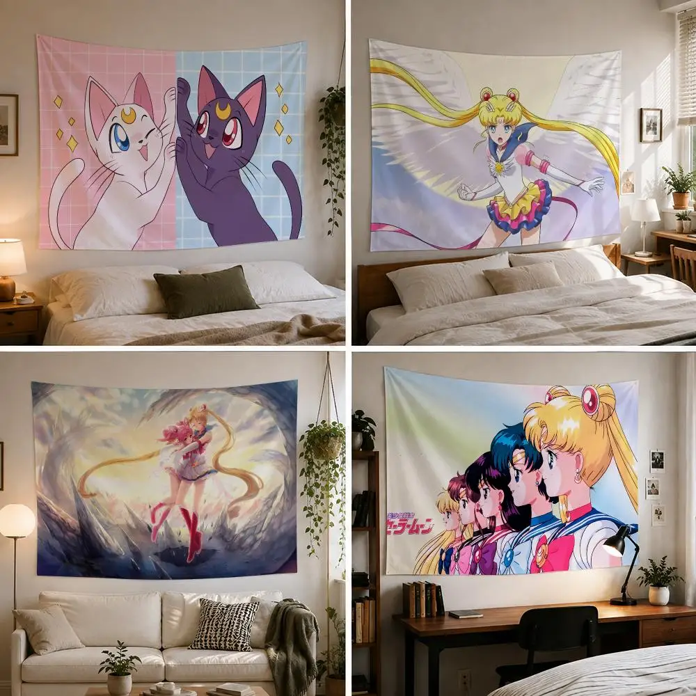 Lovely S-Sailor M-Moon Tapestry Custom Living Bedroom Party Dormitory Interior Wall Bohemian Decoration Attached Clip