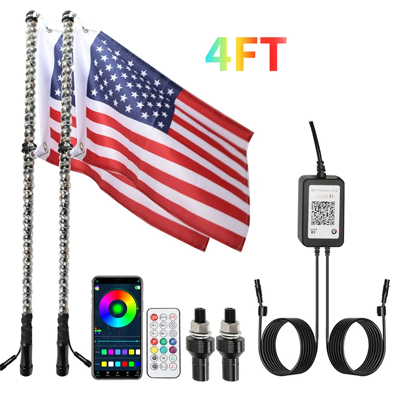 

4FT светодиодный Whip Lights App Remote Control Flagpole Antenna Whips For UTV ATV Off Road