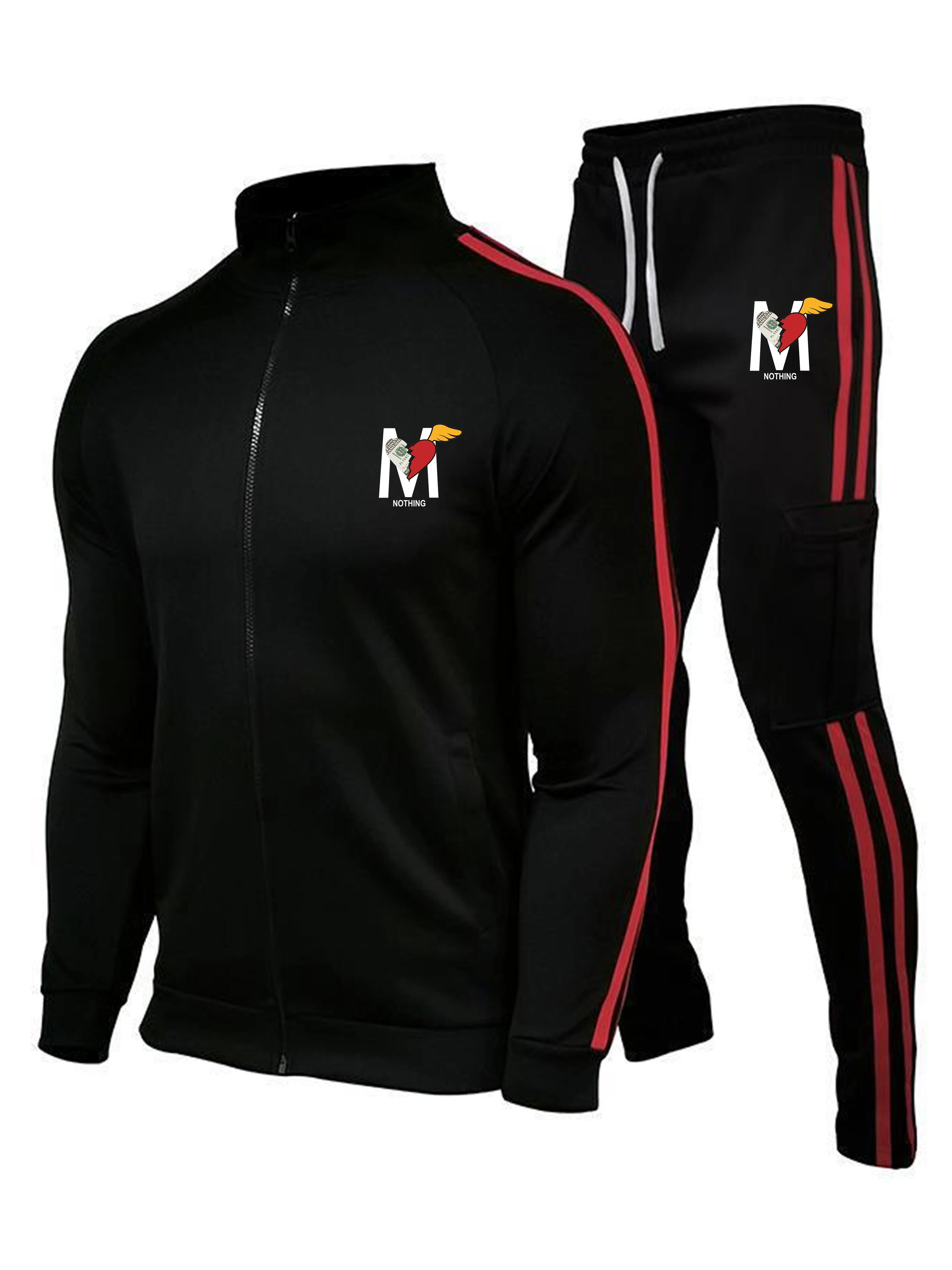 A simple long-sleeved and long pants set with printed solid color zipper and double-bar decoration for daily sportswear