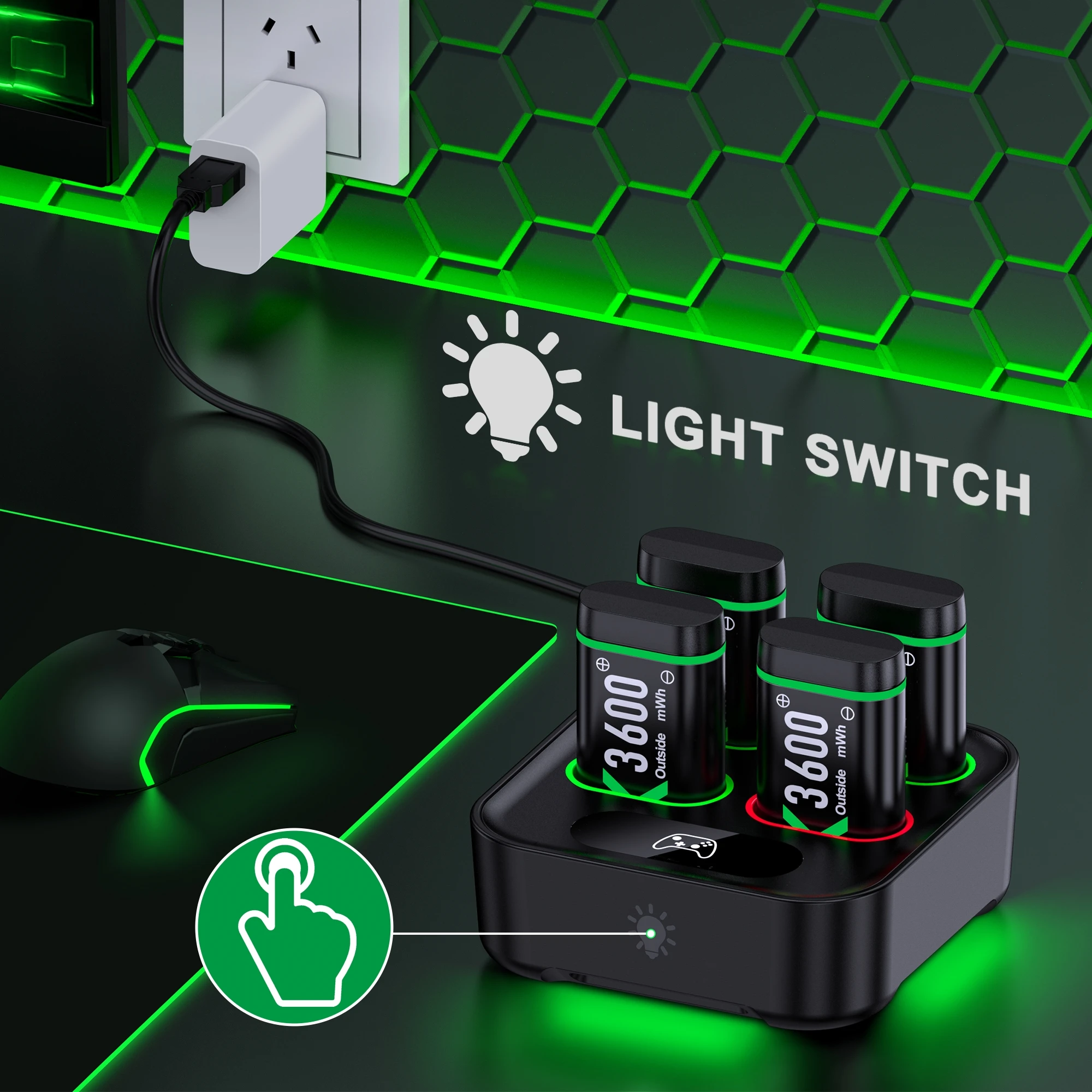 BEBONCOOL X500 4×3600 mWh Batteris with RGB Battery Charger For XBOX ONE S/X and Serise X/S Rechargable Batteris For XBOX