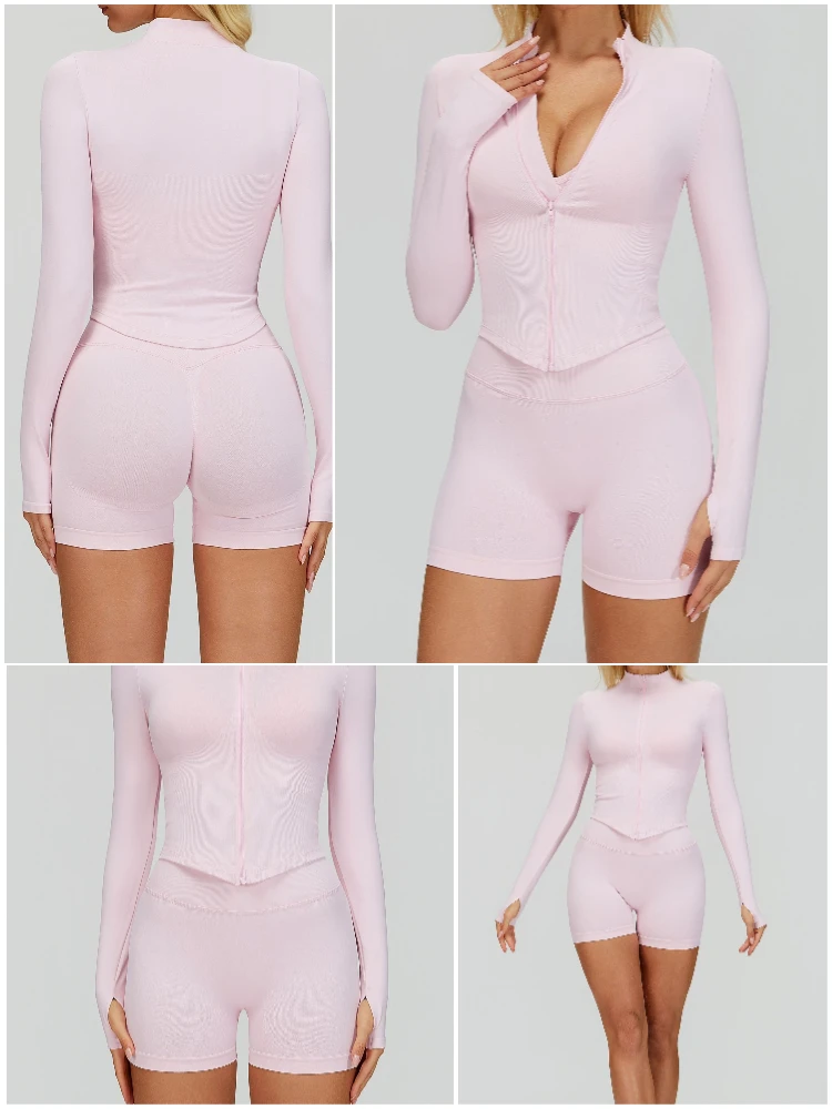 VITALINOVO Damen Cropped Running Workout Jacken mit Reißverschluss, schmal geschnittene Sportjacken mit Daumenlöchern, nahtlose, dehnbare Trainingsjacken – Detail 17