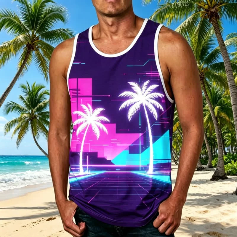 Men's Tropical Palm Tree Printed Sleeveless Tank Tops,  for Casual Weekends, Seaside Tours & Daily Streetwear