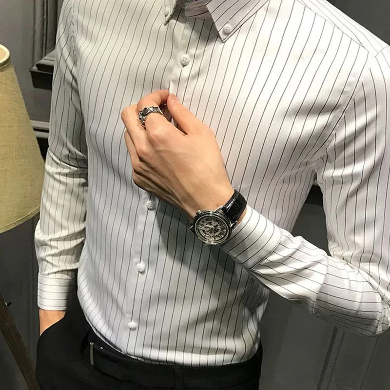Fashion Printed Lapel Button Casual Striped Shirt Men's Clothing Autumn New Korean Oversized Loose Tops All-match ShirtS