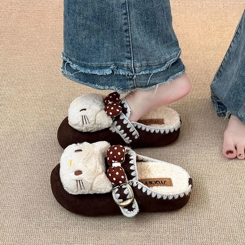 

Kawaii Hello Kitty плюшевые теплые туфли Birkenstock для девочек Sanrio, зимний стиль, удобные противоскользящие туфли на толстой подошве, милый рождественский подарок