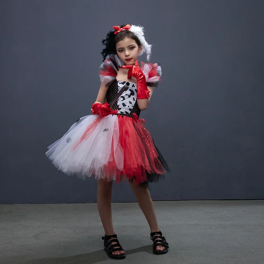 Tutu Dress for 101 dalmata Villain Halloween Costume Kids Vintage Polka Dots Cosplay Fancy Dresses