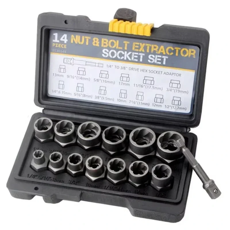 

14 Piece Impact Bolt & Nut Remover Set Steel Bolt Extraction Tool Set Non-Skid Nut Folding Tool Bolt Extractor Tool Set