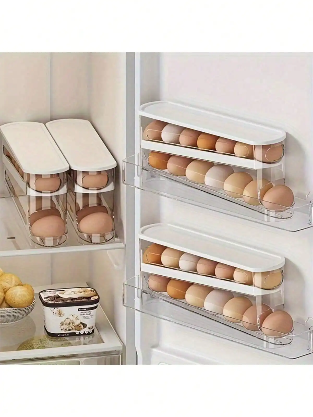 Soporte automático para huevos de doble capa, mantiene huevos frescos, contenedor deslizante que contiene 12-14 huevos: diseño con bisagras, sin contacto alimentaria