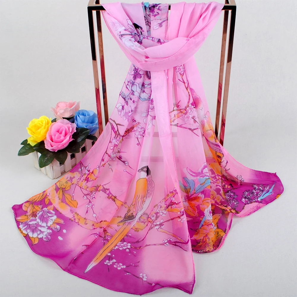 

High Quality Flower Print Long Chiffon Scarf Breathable Sun Protection Shawl Silk Long Big Size Muslim Headband Women