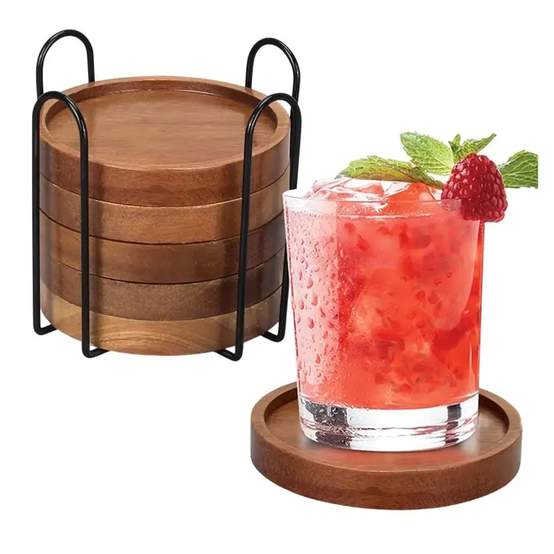 A03F-Wooden Coasters 6 Pcs With Holder Coffee Table Decor Modern Cup Coaster For Drink Home Dining Wood Coaster Set
