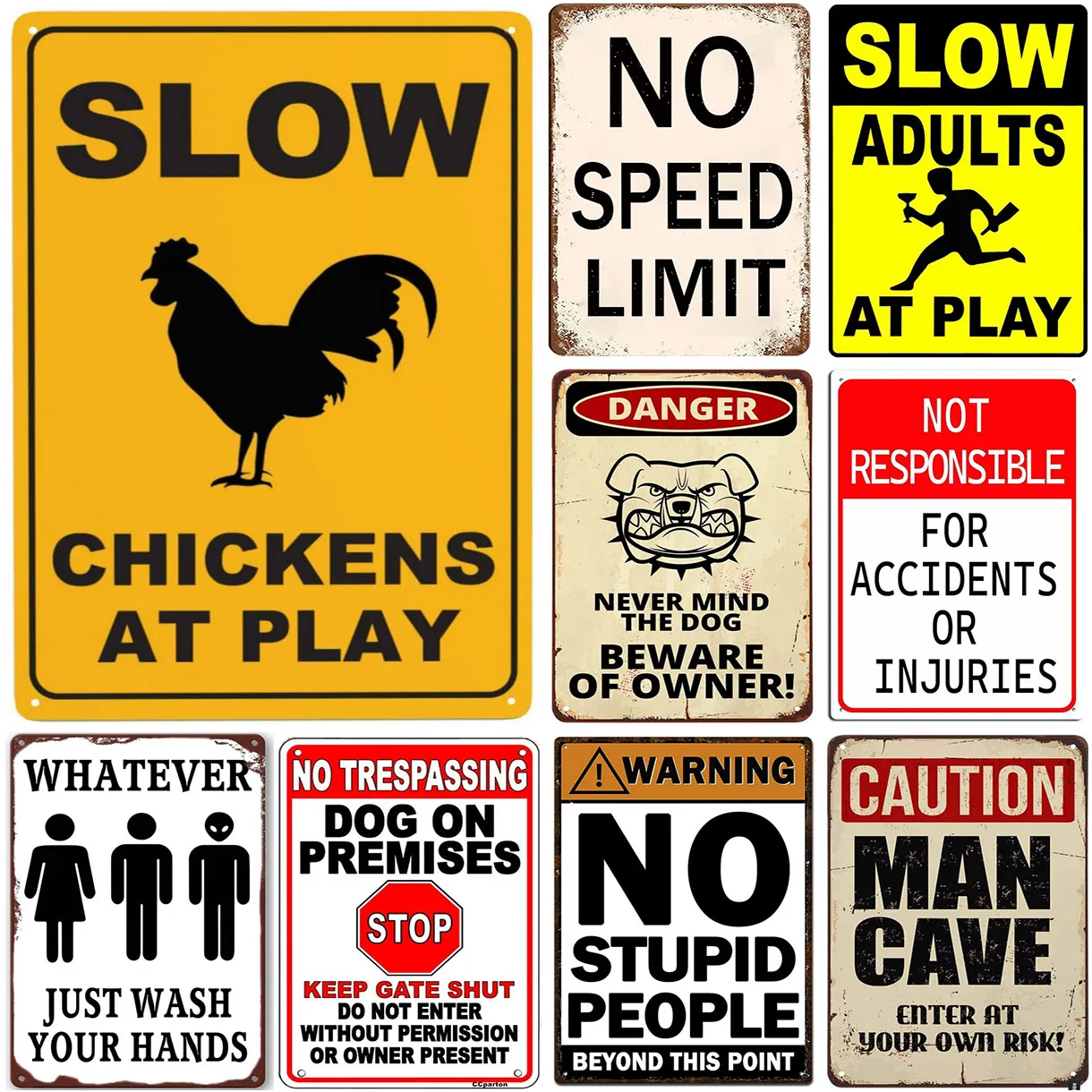 Caution Warning Metal Tin Signs Slow down for Street Lawn Neighborhoods Reflective Kids and Pets at Play Safety Signs