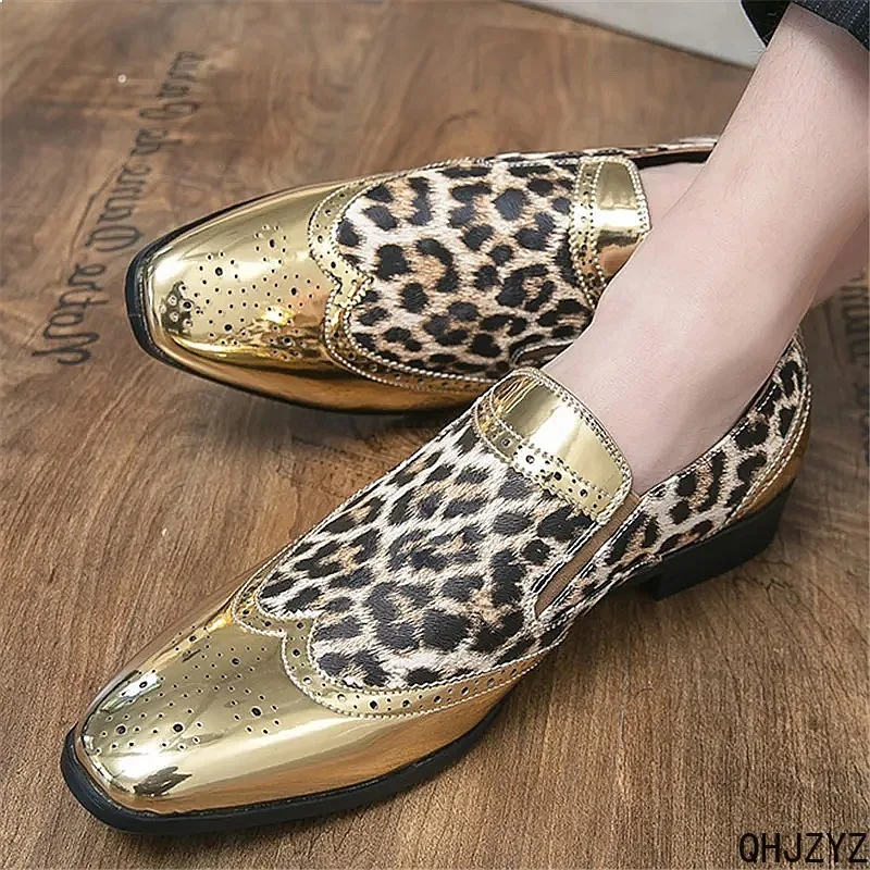 Pointed Leopard Print Patent Leather Men's Platform Loafers Mixed Patchwork Casual Dress Shoes Wedding Homecoming Footwear